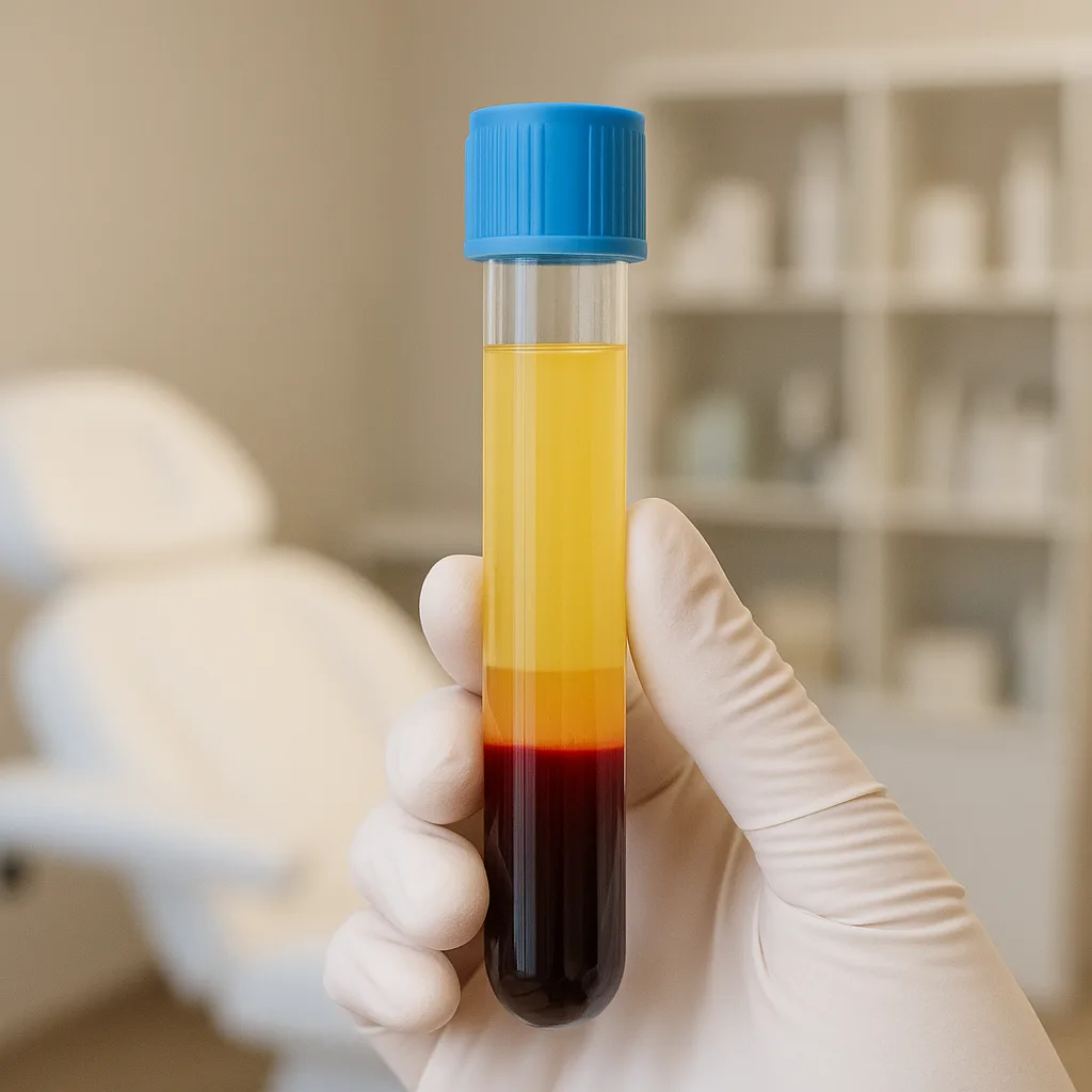 PRP tube showing clear separation of red blood cells, plasma, and platelet-rich layer